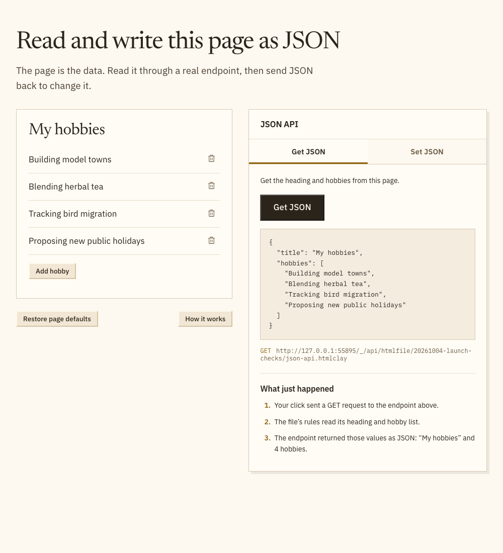 The hobbies example and the JSON returned by its real endpoint.