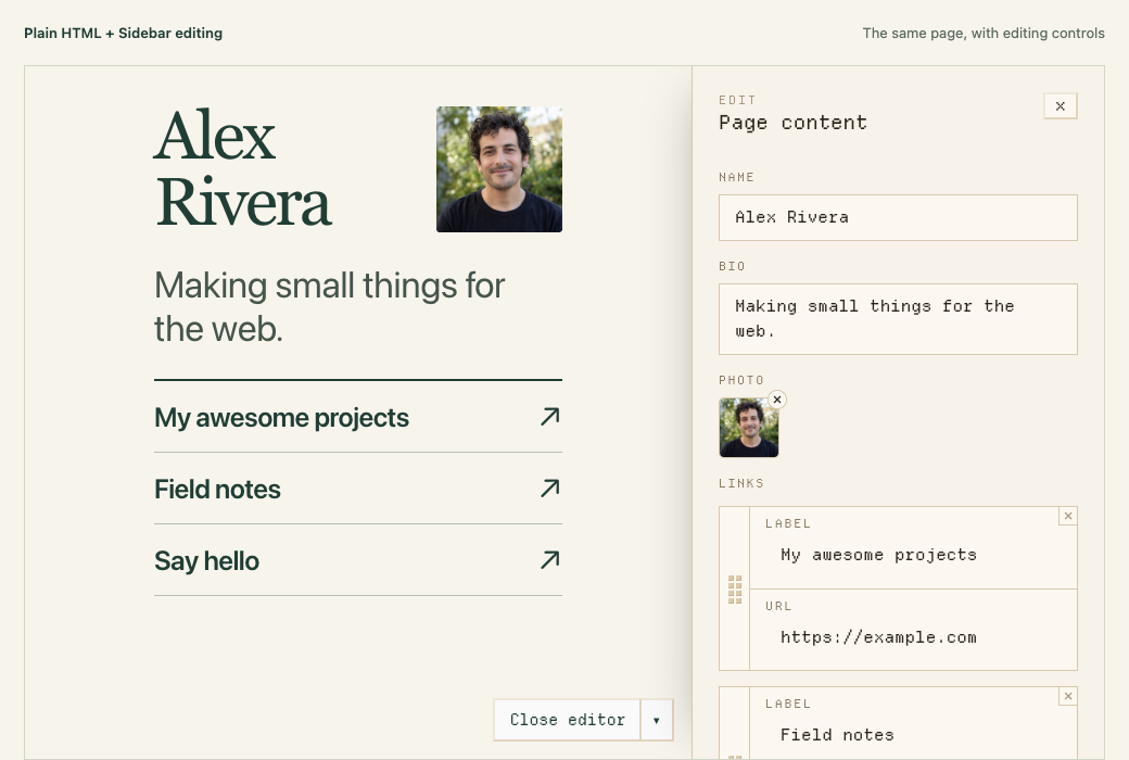 Alex Rivera's profile page beside the CMS sidebar, with controls for the name, bio, photo, and links.